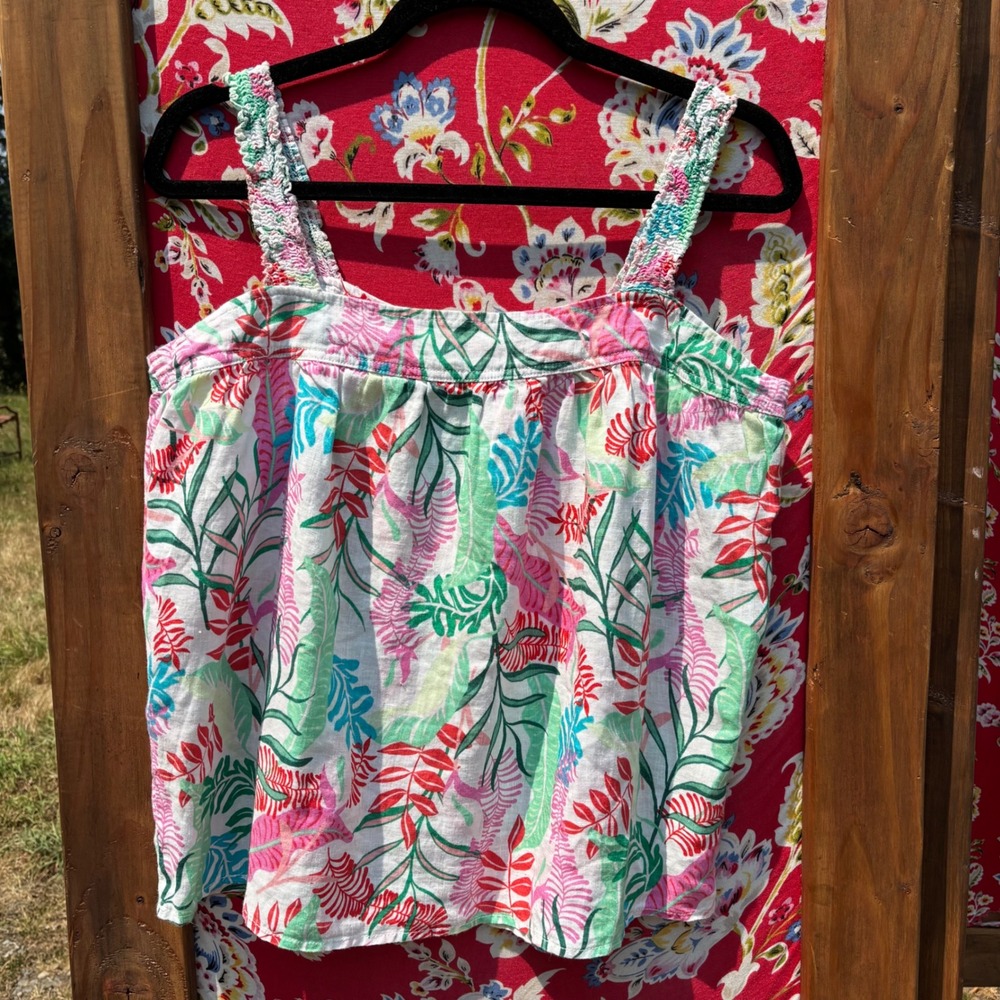 100% Linen Tropical Print Boho Vacation Tank Top Women's Size L